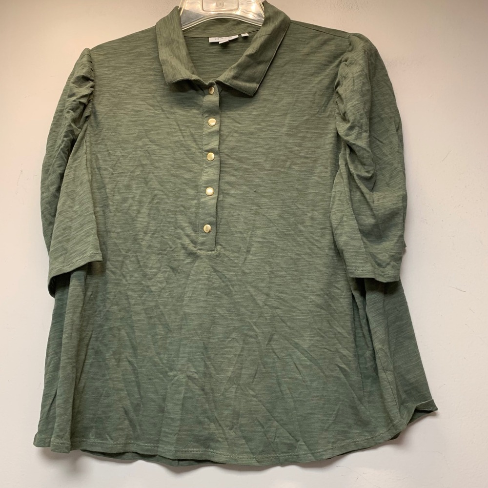 Chico's Polo Top Womens XL 3 Green Excellent Puff Sleeve Slub Cotton Modal 14570